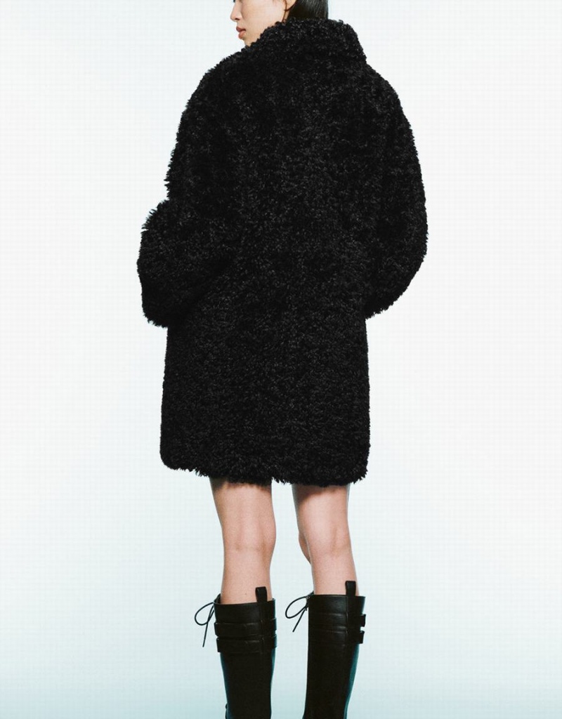 Urban Revivo Zipper Front Straight Furry Women's Coats Black | KFW3527AY