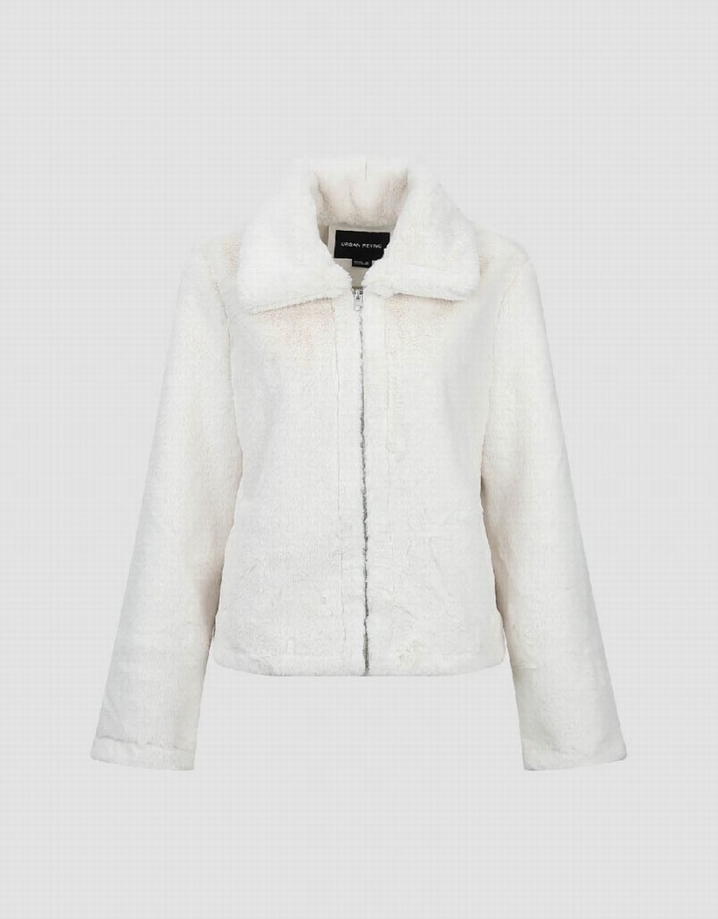 Urban Revivo Zipper Front Straight Furry Women's Coats White | KLO944OR