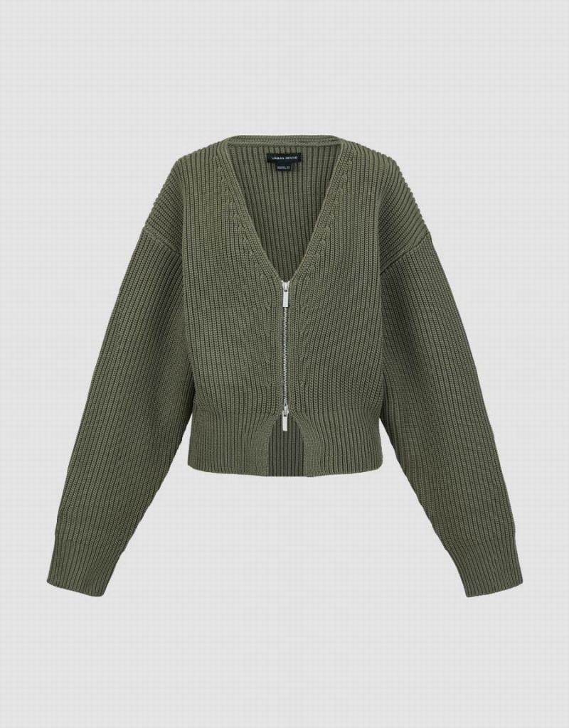 Urban Revivo Zipper Front V-Neck Knitted Women's Cardigan Khaki Green | XUH2090PO