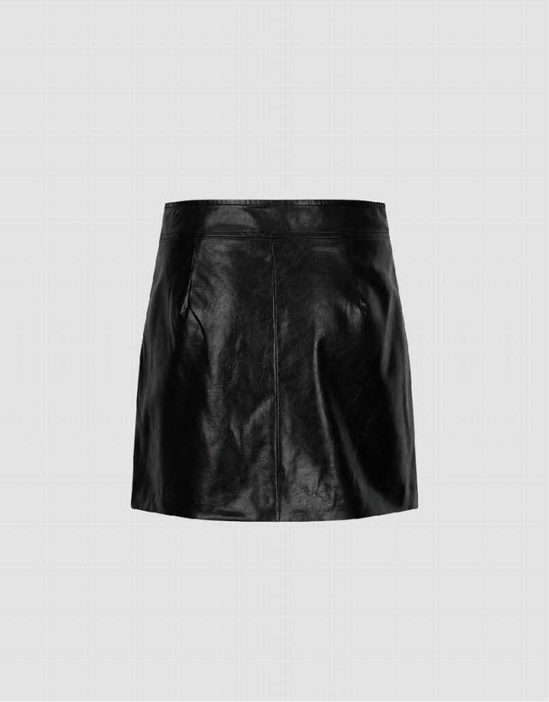 Urban Revivo Zipper Front Vegan Leather Mini A-Line Women's Skirts Black | VIO9544FD