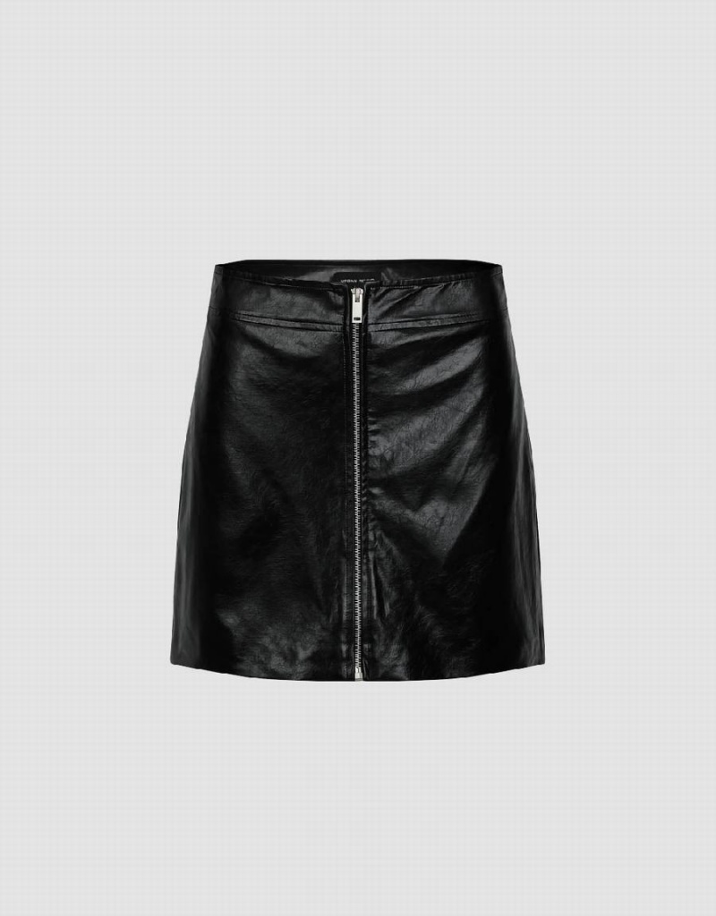 Urban Revivo Zipper Front Vegan Leather Mini A-Line Women\'s Skirts Black | VIO9544FD